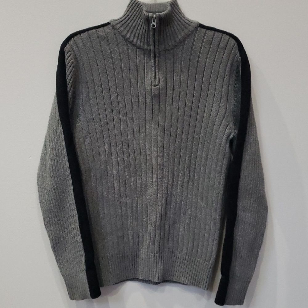 American Rag 1/4 Zip Sweater Mens L Rib Knit Gray & Black Mock Neck Cozy Casual